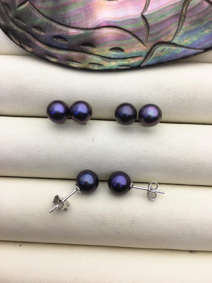 1 pair AAA 7-7.5mm Black Round Pearl Stud Earrings,Sterling Silver,Wedding,classic pearl studs,SE1-T50