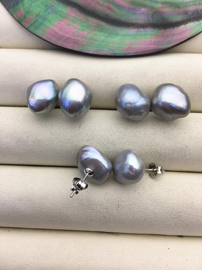 1 pair AAA 11mm Gray Nugget baroque stud earrings - Freshwater Pearls earrings - SE3-T17