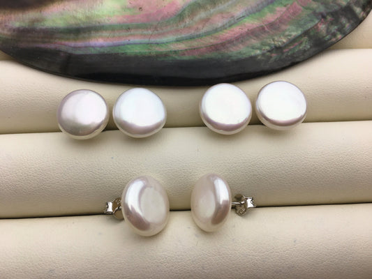 1 pair AAA 12-13mm White Coin Fresh Water pearl stud earrings,S925 Sterling Silver,dangle pearl earrings,SE3-061