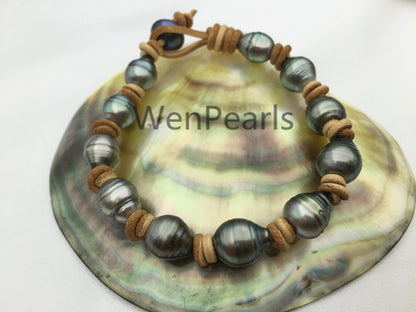 Real Green Tahitian pearl bracelet,High Luster pearl, Pearl Leather bracelet,Taitian pearl bracelet, Black Leather Pearl bracelet,Le10-002