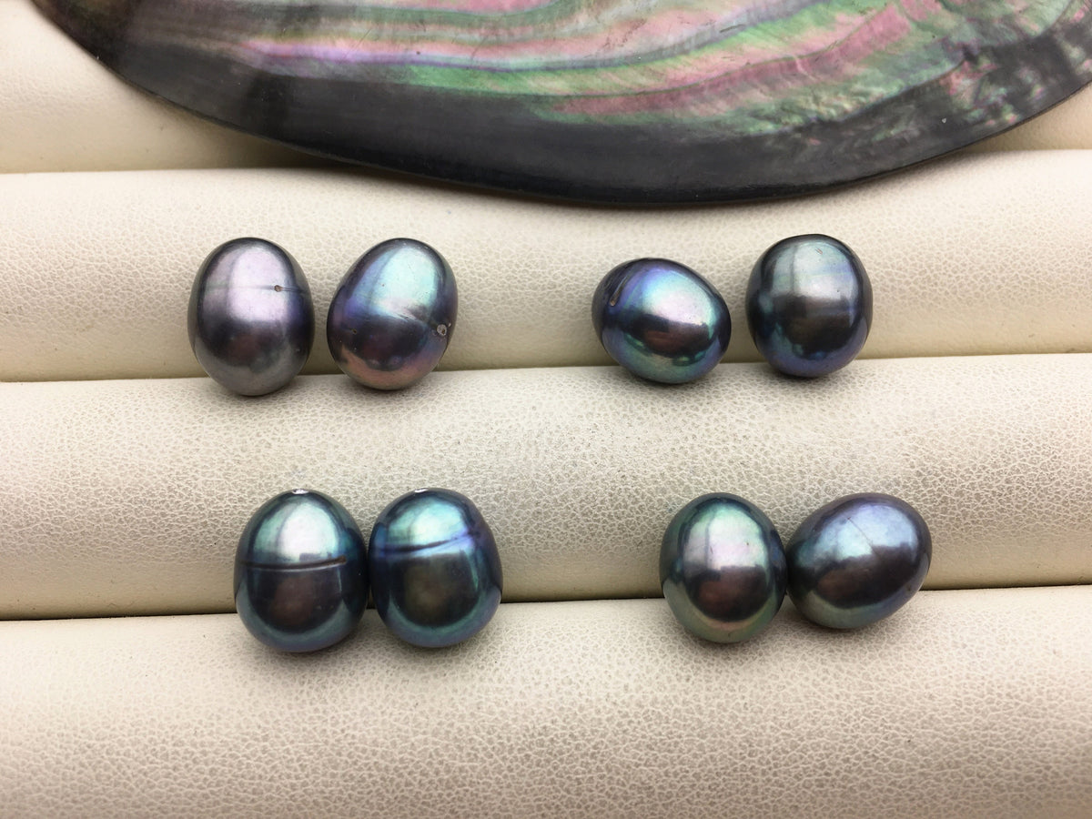 2 pairs AA+ 9.4-10.3mm deep blue green rice freshwater pearls,for make dangle pearl earrings,LR10-T5