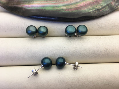 AAA 7-8mm Deep Green Button Round Pearl stud earrings,Sterling Silver,SE1-T7
