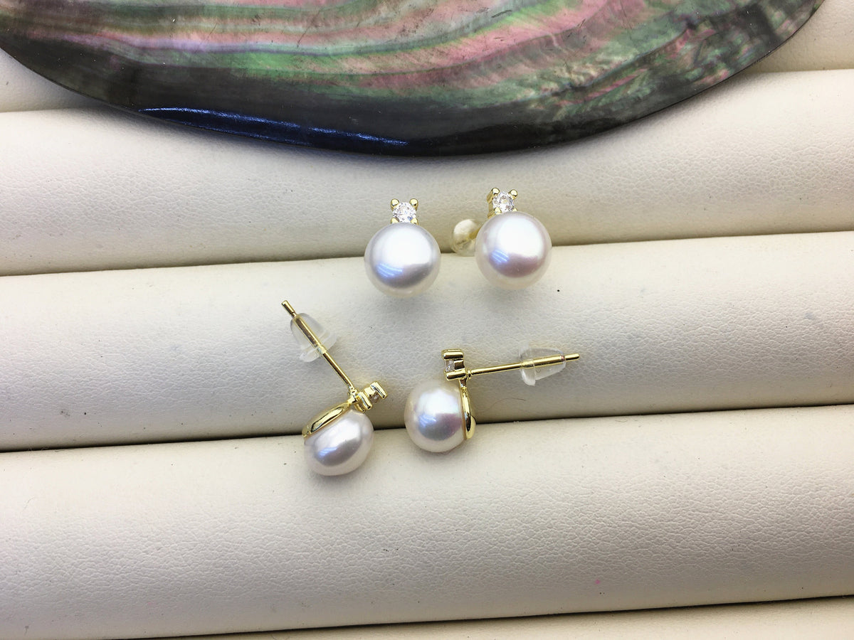 2 pairs AAA white 7.5-8mm button round pearl stud earring wedding,SE3-008-5