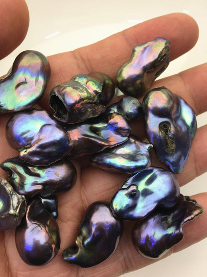 20pcs A 14-18mm black blue baroque Flame ball Pearl - one side good - no hole,FL15-T4-28