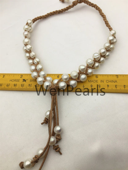 Big pearl Freshwater pearl and leather necklace - Drop pearl necklace - Le4-001