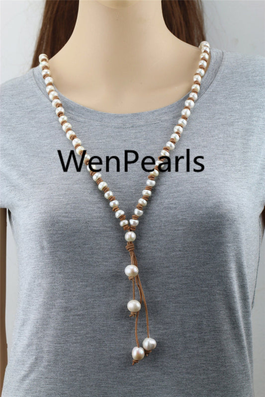 11mm Button Freshwater pearl and leather necklace,Baroque Freshwater Pearl Necklace,white pearl necklace,wholesale,Le3-014