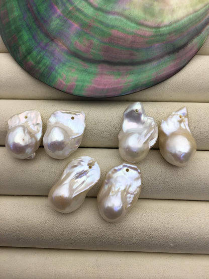 2 pairs AAA- 13-17mm White Flameball Pearl Pairs - large Baroque freshwater pearl pairs- 1.0 top side hole, FL15-3A-8-52