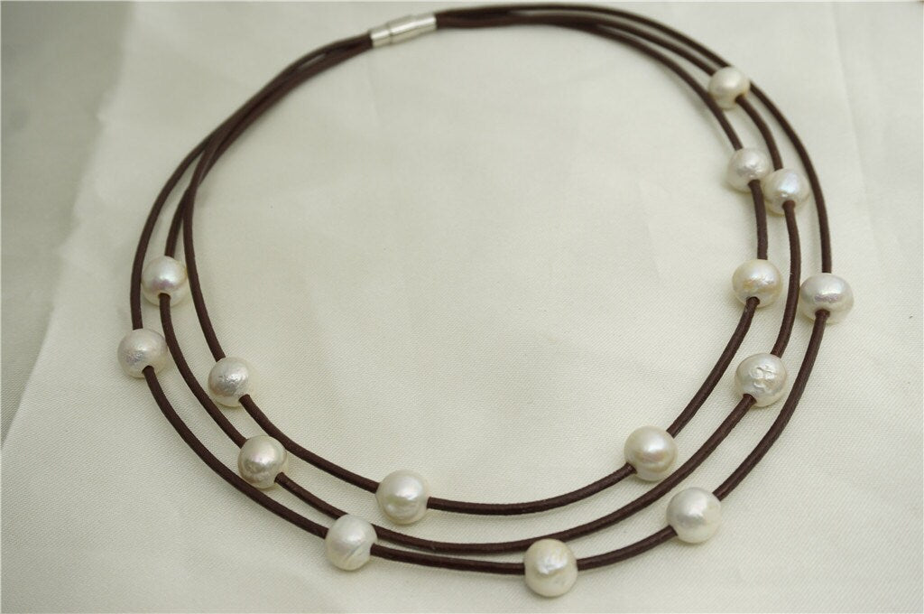 Floating pearl and leather Necklace, Pearl and Leather Necklace ,Multi-Strand Pearls necklace ,Pearl and Leather,Le1-084