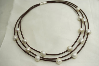 Floating pearl and leather Necklace, Pearl and Leather Necklace ,Multi-Strand Pearls necklace ,Pearl and Leather,Le1-084