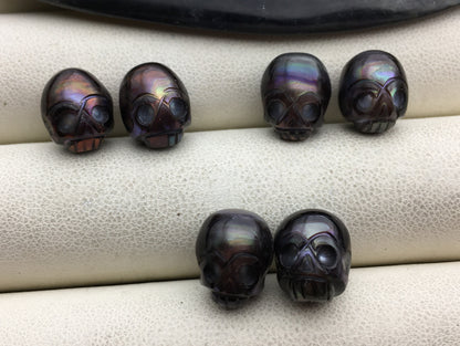 1 pair AAA 7-10mm White/Pink/Gray/Black HandMade Carved Skull Freshwater Pearl Beads For Earrings,CAC-SKU-008