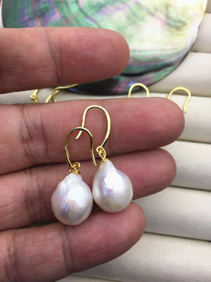 1 pair AAA 12-13mm white baroque drop edison pearl dangle earrings, 925 silver gold-plated earrings,wedding pearl earrings,SE3-T9-24