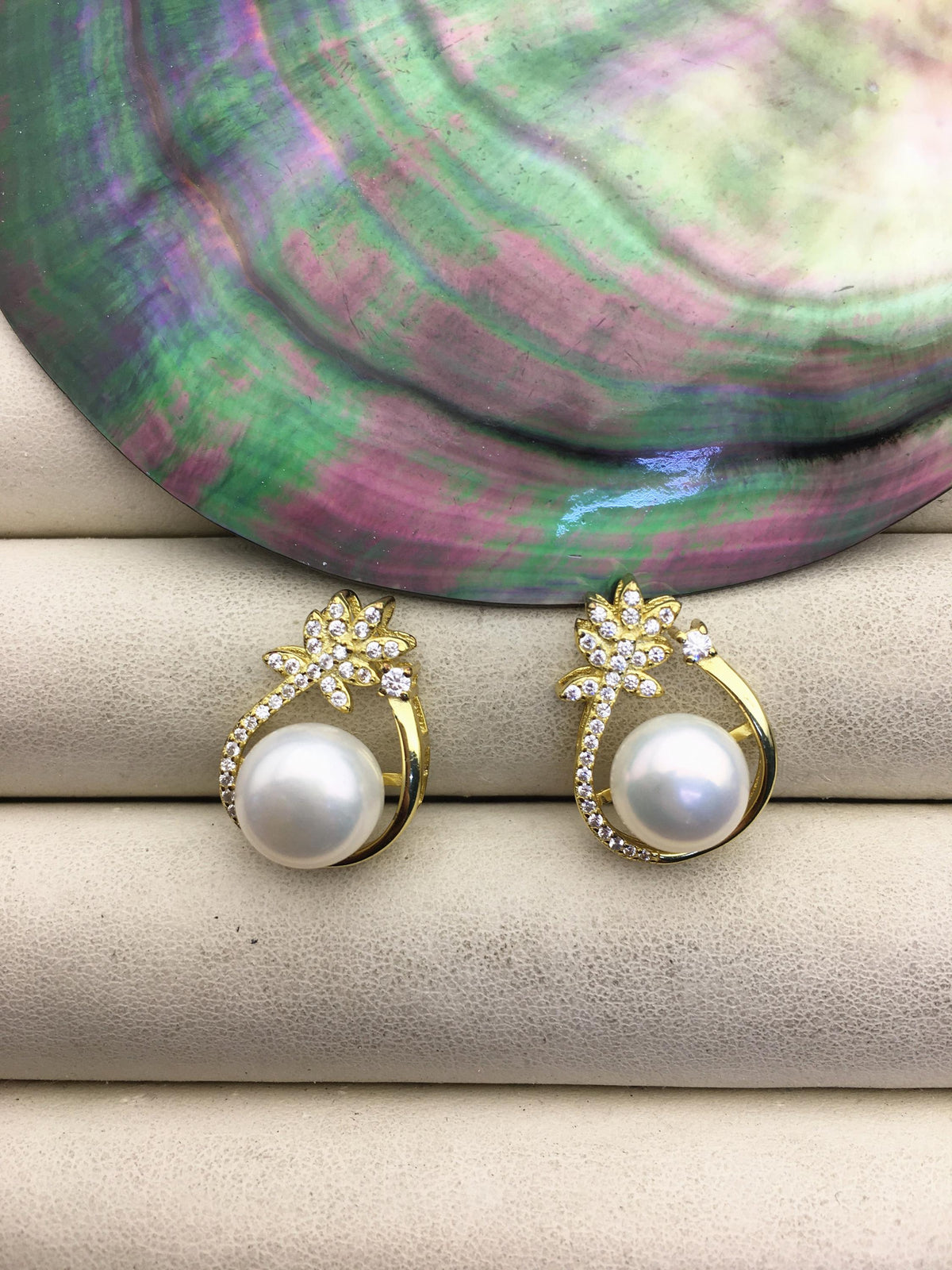 AAA white pearl gold color Flower cz pendant necklace,S925 Sterling silver pendant,white Pearl necklace - NC1-060