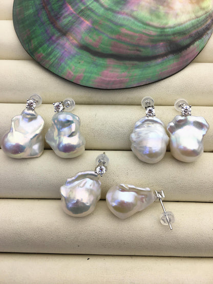 1 pair AAA 13-16mm flame ball pearl diamond stud earrings,sterling silver,earring with white baroque Natural Pearl,SE3-031-16