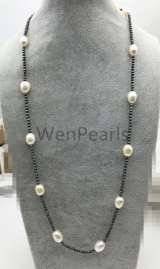White Rice pearl Necklace - AAA rice pearl - Hematite pearl necklace - Select Length - TN1-002