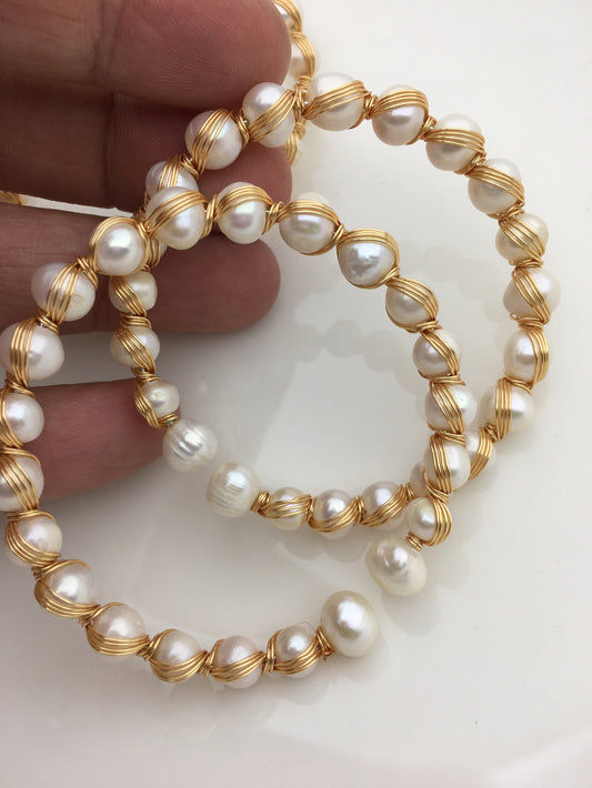 7'' AA+ white color potato freshwater pearl handmade bangle bracelet, B8-055-12