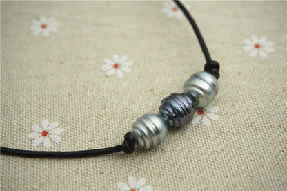 Three pearl Tahitian Leather Necklace, saltwater pearl,men or women choker, Black Leather Pearl necklace,Le2-020