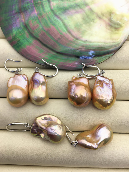 1 pair AAA 12-16mm natural orange rainbow flame ball pearl dangle sterling silver earrings,SE3-031-32