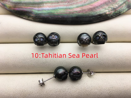 AAA 8mm/10mm white/pink/purple/black/gray HandMade Carved Skull Freshwater Pearl Stud Earrings,Stud Earrings for Women Girls,SE3-016