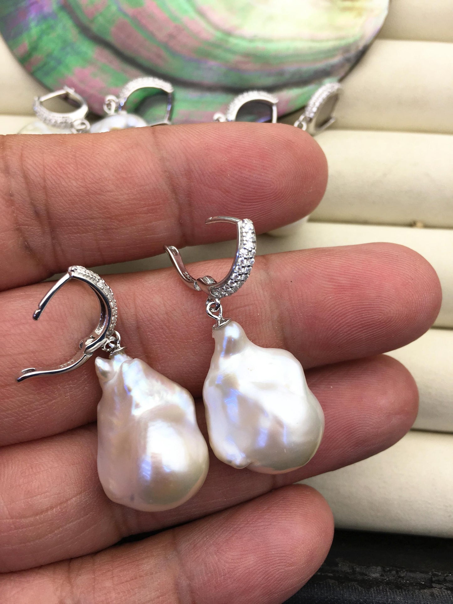 1 pair AAA 13-17mm white flame ball pearl diamond hook earrings,sterling silver,earring with white baroque Natural Pearl,SE3-031-19