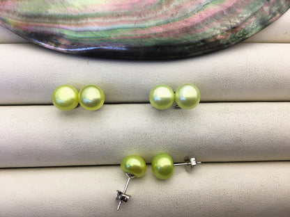 1 pair AAA 8-8.5mm Green Button Round Pearl stud earrings,Sterling Silver,SE1-T17