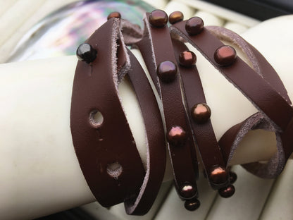 17 inches pearl leather Bracelet, Handmade Cuff,brown Pearls on Brown Leather,B8-059