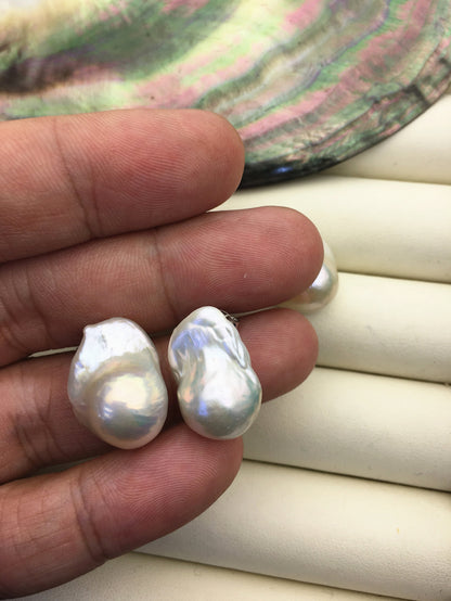 1 pair AAA 12-16mm flame ball pearl stud earrings,sterling silver,earring with white baroque Natural Pearl,SE3-031-4