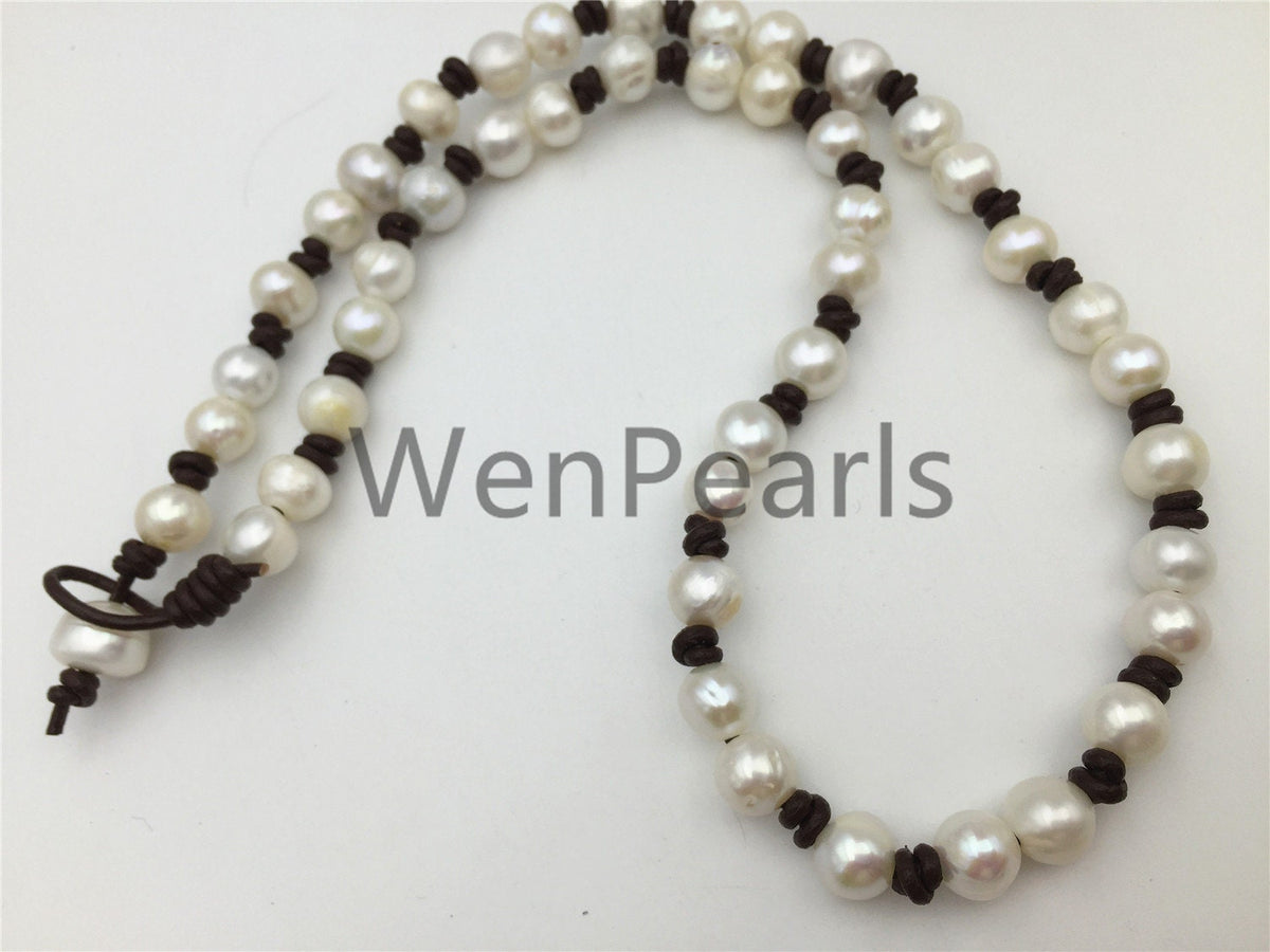 Freshwater Pearl and leather necklace,leather hand knotted necklace,Genuine Freshwater Pearl Necklace,white pearl necklace,wholesale,Le4-011