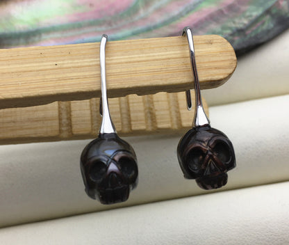 AAA 8mm white/Gray/Black HandMade Carved Skull Freshwater Pearl Dangle Earrings,Pearl Earrings for Women Girls,SE3-027-2