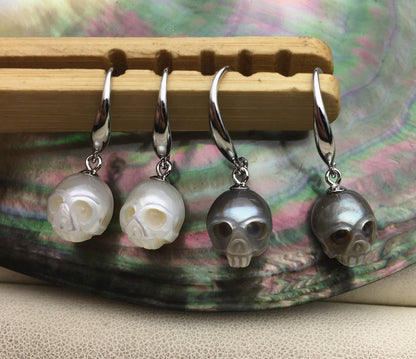 AAA 8mm white/pink/purple/gray/black HandMade Carved Skull Freshwater Pearl Dangle Earrings,Pearl Earrings for Women Girls,SE3-027-3