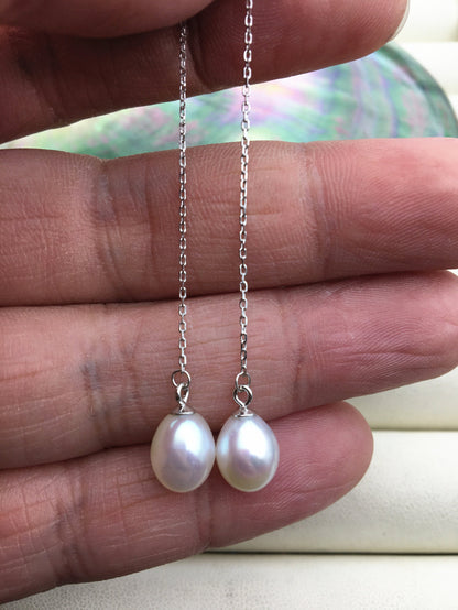 AAA White 8mm long rice pearl Tassels dangle earrings,S925 Sterling Sliver pearl earrings,pearl for women,SE3-026