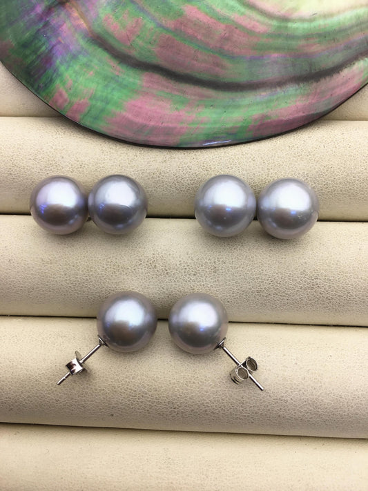 1 pair AAA 11-12mm gray round edison pearl stud earrings,SE3-T9-22