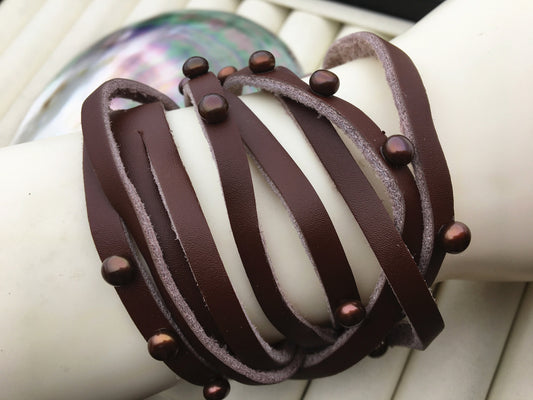 17 inches pearl leather Bracelet, Handmade Cuff,brown Pearls on Brown Leather,B8-059