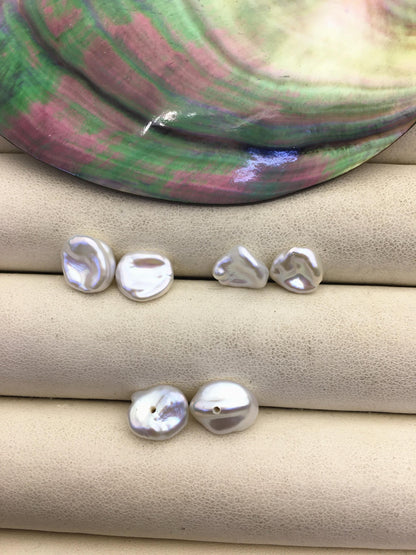 2 pairs AAA 8-9mm White keshi pearls Pair,for make stud earrings,baroque pearl,loose pearl beads,bottom half hole,ZS-127-34