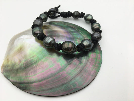 Real Green Tahitian pearl bracelet,High Luster pearl, Pearl Leather bracelet,Taitian pearl bracelet, Black Leather Pearl bracelet,Le10-005