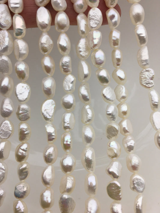 High Luster!AA+ 7.4-8.5mm white long nugget shape freshwater pearls,white cultured freshwater baroque pearl bead string,LM8-2A-4