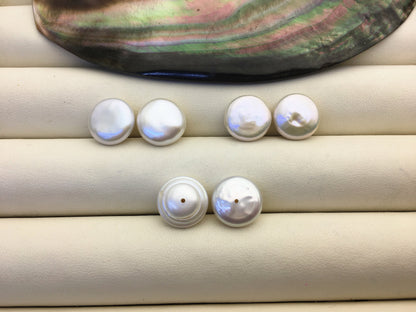 2 pairs AAA 11-12.5mm White Coin Freshwater Loose Pearls Pair,For make Pearl Jewelry,0.9mm half hole,COIN11-3A-1