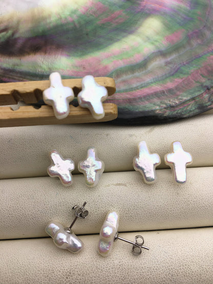 Rare!AAA 9x14mm white/gray cross Freshwater Pearl Stud Earrings,Stud Earrings for Women Girls,SE3-006