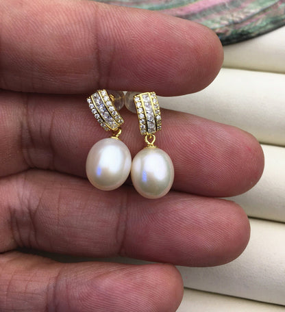 AAA 9mm White rice pearl cz stud earrings,S925 Sterling Sliver pearl earrings,pearl for women for girl,SE3-018