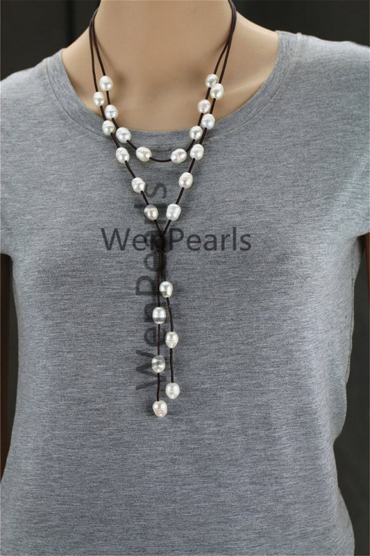 Two Rows Pearl and Leather Necklace ,Floating pearl and leather Necklace,Multi-Strand Pearls necklace,Pearl and Leather necklace,Le3-071