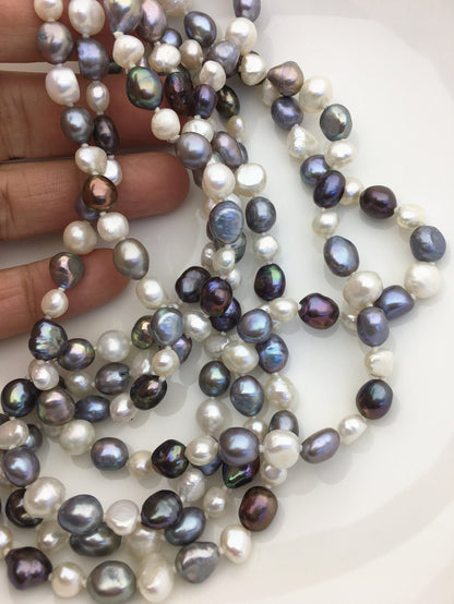 63'' AA+ 7-8mm white blue mix color nugget freshwater Pearl necklace,NPN1-102