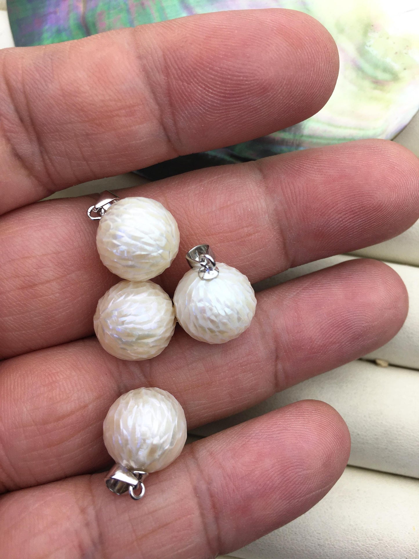2pcs AAA 11/12/13mm White Freshwater Pearl pengdant - sterling silver - Hand Carved - NC1-020