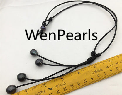 Tahitian pearl neklace,Pearl and Leather Lariat Necklace,Light Brwon Leather Pearl necklace,Sea pearl,Black pearl necklace,Le11-013