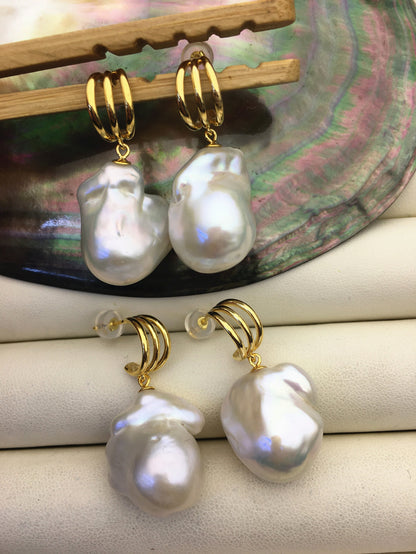 1 pair AA+ 14-16mmx20-28mm white flame ball pearl leaf stud earrings,earring with white baroque Natural Pearl,SE3-031-9