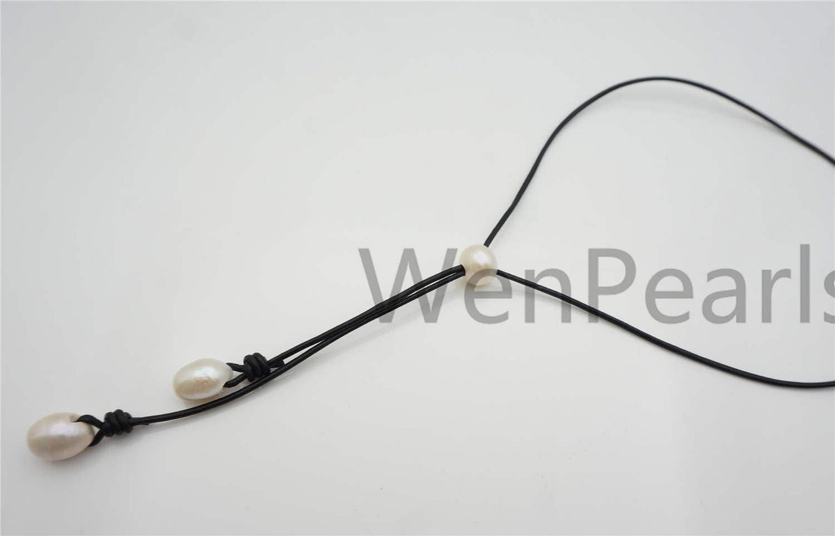 Two Drop Big White Pearl Leather necklace, White Freshwater pearl, Birthday,Black Leather Pearl necklace,Select leather color,Le4-065
