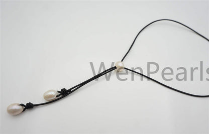 Two Drop Big White Pearl Leather necklace, White Freshwater pearl, Birthday,Black Leather Pearl necklace,Select leather color,Le4-065