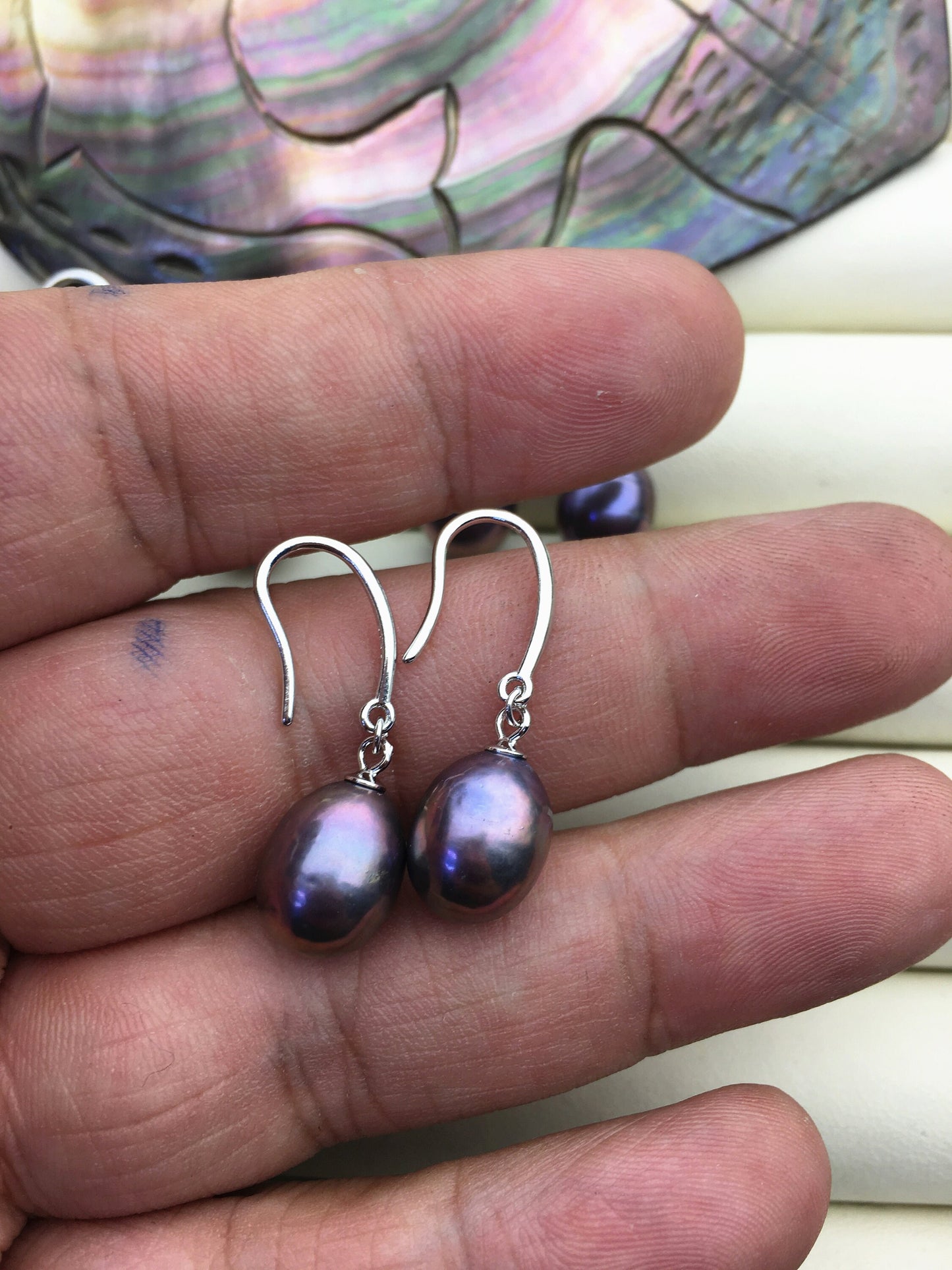 1 pair AA+ 9.5-10mm purple rainbow rice pearl dangle earrings,SE3-T12