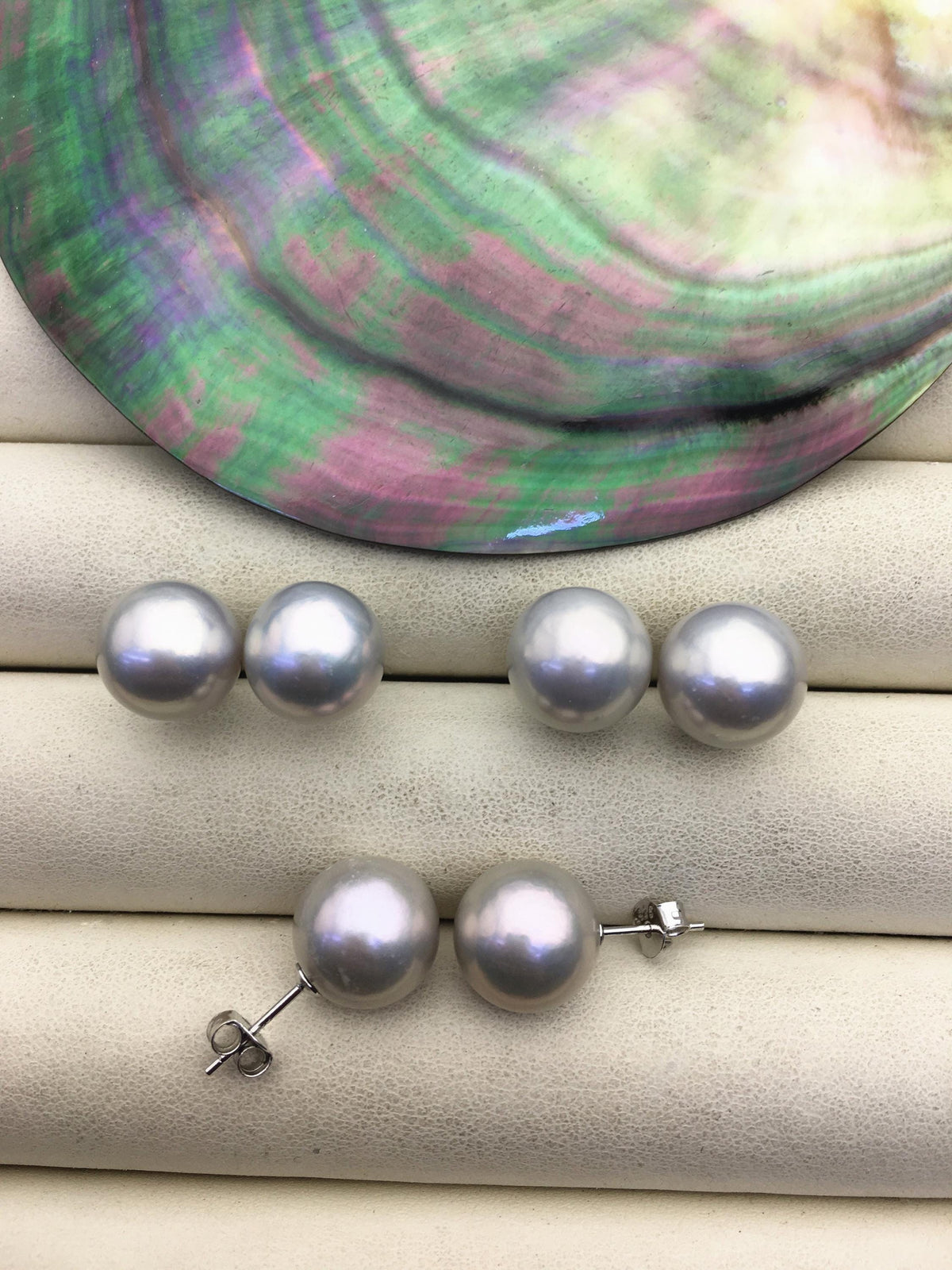 1 pair AAA 10-15mm gray rainbow round edison pearl stud earrings,S925 Sterling Sliver stud earrings,wedding pearl earrings,SE3-T9-57