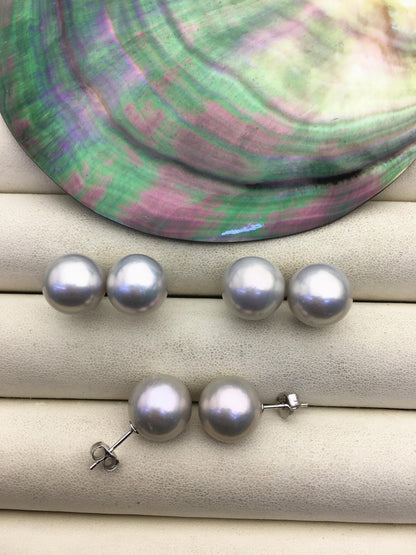 1 pair AAA 10-15mm gray rainbow round edison pearl stud earrings,S925 Sterling Sliver stud earrings,wedding pearl earrings,SE3-T9-57