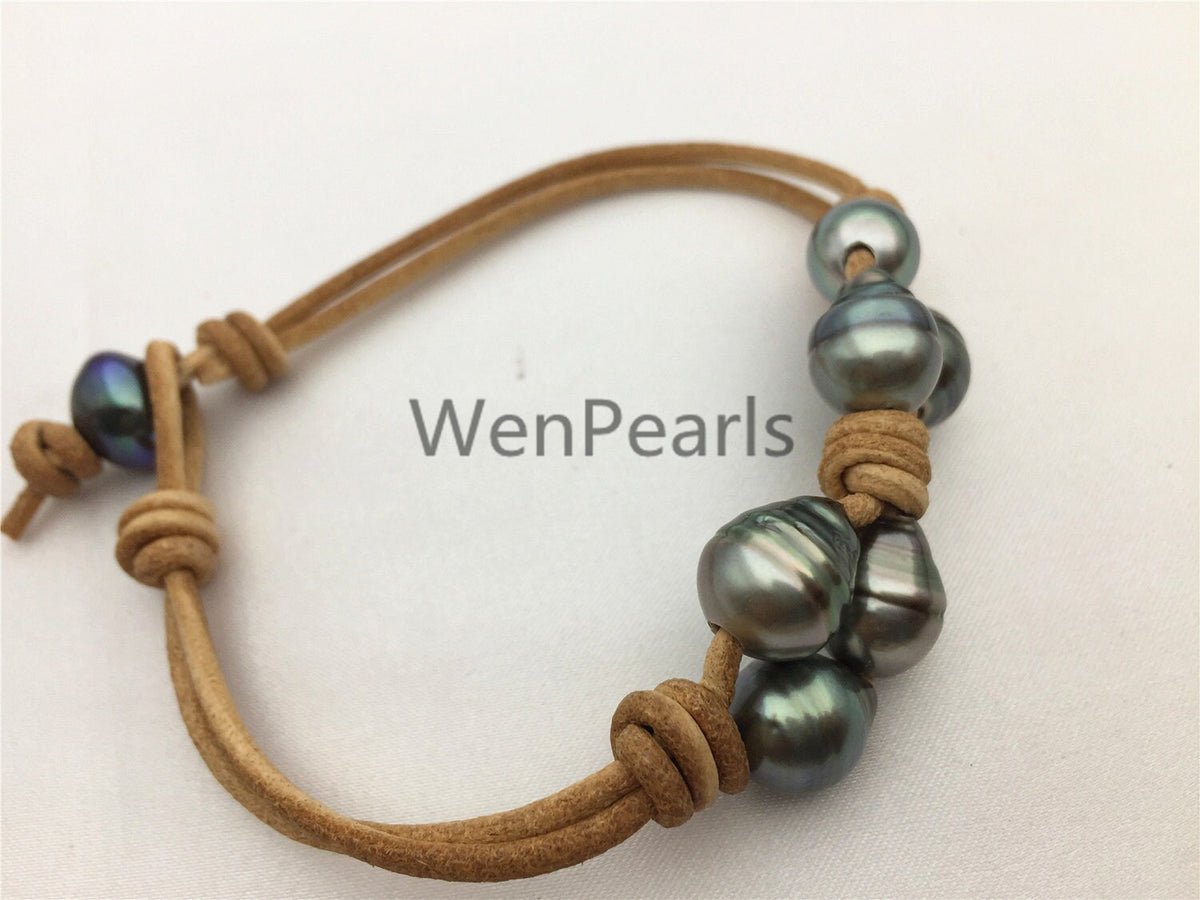 Fashion,Tahitian pearl bracelet,High Luster pearl,Pearl Leather bracelet,tahitian pearl bracelet,Black Leather bracelet,Le10-003