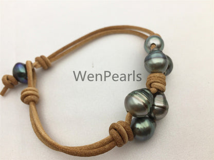 Fashion,Tahitian pearl bracelet,High Luster pearl,Pearl Leather bracelet,tahitian pearl bracelet,Black Leather bracelet,Le10-003